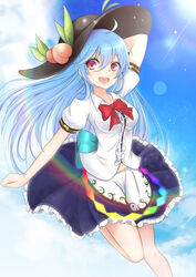  :d absurdres ahoge arm_behind_head arm_up bad_id bad_pixiv_id black_hat blouse blue_hair blue_sky breasts chinese_commentary cloud commentary_request day diffraction_spikes female food foot_out_of_frame fruit hair_between_eyes hat highres hinanawi_tenshi layered_skirt leaf leg_lift lens_flare long_hair looking_at_viewer medium_breasts midriff_peek neck_ribbon open_mouth outdoors peach puffy_short_sleeves puffy_sleeves rainbow rainbow_gradient red_eyes red_ribbon ribbon shirt short_sleeves skirt sky smile solo sun teeth touhou upper_teeth_only very_long_hair white_shirt zeukiar 