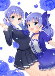  2girls :3 :d black_shirt black_skirt blue_bow blue_choker blue_dress blue_eyes blue_flower blue_hair blue_neckerchief blue_rose blurry blurry_foreground blush bow breasts choker closed_mouth collarbone commentary_request depth_of_field dress dual_persona flower hair_between_eyes hairbow hand_up highres long_hair multiple_girls neckerchief nijisanji open_mouth pleated_skirt puffy_short_sleeves puffy_sleeves rose shirt short_sleeves simple_background skirt small_breasts smile twintails virtual_youtuber white_background ymd_(holudoun) yuuki_chihiro yuuki_chihiro_(1st_costume) yuuki_chihiro_(2nd_costume) 