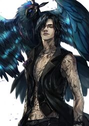  1boy bare_shoulders belt bird black_belt black_coat black_eyes black_hair black_pants black_vest closed_mouth coat collared_vest commentary crow devil_may_cry_(series) devil_may_cry_5 full-body_tattoo griffon_(devil_may_cry_5) haban_(haban35) hair_over_one_eye highres jewelry looking_at_viewer male_focus medium_hair necklace open_clothes open_coat pants simple_background sleeveless sleeveless_coat smile standing tattoo v_(devil_may_cry) vest white_background 