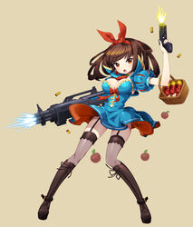  :o apple asymmetrical_dual_wielding basket black_thighhighs blue_dress boots bow breasts brown_background brown_footwear brown_hair bullet cleavage clothes_lift comiccho convenient_skirt copyright_request cross-laced_footwear dress dress_flip dress_lift dual_wielding female food fruit full_body garter_straps gun hairbow highres holding holding_gun holding_weapon knee_boots lace-up_boots looking_at_viewer medium_breasts multiple_weapons photoshop_(medium) poison_(final_fight) puffy_short_sleeves puffy_sleeves red_bow red_eyes short_sleeves snow_white solo standing straight-laced_footwear thighhighs weapon 