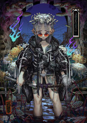  bone_hair_ornament choker chrysanthemum commentary_request ear_piercing female flower fundoshi hair_ornament highres incense irezumi jacket japanese_clothes jonpei katana long_hair looking_at_viewer original photoshop_(medium) piercing power_lines silver_hair smoke solo sunglasses sword tattoo wading water weapon 