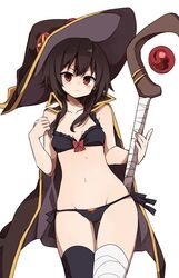  asymmetrical_legwear bandaged_leg bandages bikini black_bikini black_cloak blush bow breasts brown_hair cloak closed_mouth collarbone commentary_request female frilled_bikini frills hat holding holding_staff kono_subarashii_sekai_ni_shukufuku_wo! looking_at_viewer megumin mismatched_legwear murakami_meishi red_bow red_eyes short_hair_with_long_locks side-tie_bikini_bottom simple_background single_thighhigh solo staff swimsuit thighhighs white_background witch_hat 