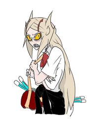  annoyed bag blonde_hair blush book braces clenched_teeth clothes_around_waist cowboy_shot duffel_bag embarrassed extra_arms female from_side g=hikorou genderswap_(mtf) general_grievous glasses grieve-tan jacket jacket_around_waist long_hair looking_at_viewer pointy_hair rule_63 school_uniform sharp_teeth shinai skinny skirt solo source_request standing star_wars sword taped_fingers teeth weapon yellow_eyes 