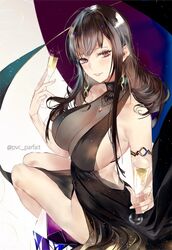  ahoge alcohol alternate_costume armlet bare_shoulders blunt_bangs blush breasts brown_hair champagne champagne_flute cleavage commentary cup dress drinking_glass dsr-50_(girls&#039;_frontline) dsr-50_(highest_bid)_(girls&#039;_frontline) earrings evening_gown female gem girls&#039;_frontline giving glint gold hair_ornament holding holding_cup incoming_drink jewelry large_breasts long_hair looking_at_viewer official_alternate_costume parted_lips pvc_parfait red_eyes red_gemstone see-through see-through_cleavage sidelocks smile solo thighs twitter_username very_long_hair 