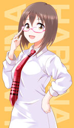  :d adjusting_eyewear brown_eyes brown_hair character_name collared_shirt commentary_request eva_16-gouki female glasses hair_between_eyes hand_on_own_hip highres idolmaster idolmaster_cinderella_girls long_sleeves looking_at_viewer maekawa_miku necktie open_mouth photoshop_(medium) pink-framed_eyewear red_necktie rimless_eyewear shirt short_hair smile solo standing striped striped_necktie upper_body vertical_stripes white_shirt wing_collar yellow_background 