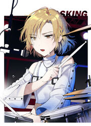  bang_dream! blonde_hair character_name chest_belt commentary_request detached_sleeves drum drum_set drumsticks female highres instrument jewelry kongya long_sleeves microphone music open_mouth pendant playing_instrument sato_masuki scaffolding short_hair solo stage_lights studio_microphone sweat yellow_eyes 