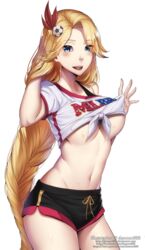  black_shorts blonde_hair blue_eyes blush braid breasts clothes_lift collarbone commentary dannex009 english_commentary female hair_ornament hand_in_own_hair highres large_breasts lesley_(mobile_legends) lifting_own_clothes long_hair looking_at_viewer mobile_legends:_bang_bang navel ribbon shirt shirt_lift short_shorts short_sleeves shorts soccer solo sportswear t-shirt tied_shirt transparent_background underboob very_long_hair watermark web_address white_shirt 