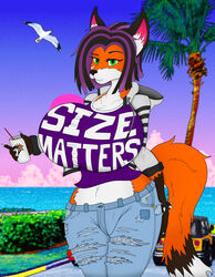  2018 5_fingers absurd_res anthro beach beverage big_breasts bottomwear breasts canid canine car clothed clothing denim denim_bottomwear denim_clothing detailed_background female fingers fox fur hair hi_res highlights_(coloring) huge_breasts hyper jeans kylie_steel_(lildredre) leumas_setay mammal midriff navel navel_piercing outside palm_tree pants piercing plant portrait seaside sky solo spiked_wristband top_heavy torn_bottomwear torn_clothing torn_jeans torn_pants traditional_media_(artwork) tree vehicle water wristband 