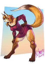  2019 anthro autumn_(praexon) biped canid canine claws clothing dress female fox freckles green_eyes hair kmoth long_ears mammal muscular muscular_anthro muscular_female quadriceps red_fox red_hair solo true_fox vulap wide_hips 