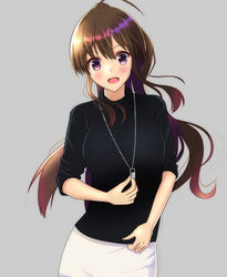  blush breasts brown_hair commentary_request female highres long_hair looking_at_viewer open_mouth original purple_eyes simple_background skirt smile solo toyomi_13 turtleneck white_skirt 