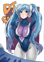  absurdres arm_up bbbs blue_eyes blue_hair bodysuit breasts character_name cleavage collarbone covered_navel curvy dj_sona eyebrows_visible_through_hair eyelashes female gluteal_fold headphones highres keyboard large_breasts league_of_legends lips matching_hair/eyes open_mouth skin_tight solo sona_buvelle teeth twintails wide_hips 