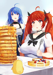  +_+ 2girls ahoge azur_lane bare_shoulders black_ribbon blue_hair blueberry blush breasts butter choker commentary dress food fork fruit gloves hair_ribbon helena_(azur_lane) highres holding holding_fork holding_knife honolulu_(azur_lane) honolulu_(umbrella_girl)_(azur_lane) irohara knife large_breasts long_hair manjuu_(azur_lane) multiple_girls official_alternate_costume open_mouth pancake pancake_stack photoshop_(medium) plate purple_eyes red_eyes red_hair ribbon sailor_collar short_sleeves sitting strawberry surprised syrup table too_many too_many_pancakes twintails whipped_cream 