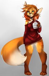  anthro autumn_(praexon) bedhead beverage breasts canid canine clothing coffee collar digital_media_(artwork) dress female fox green_eyes hair hi_res long_ears mammal pigeon_toed red_hair shaded solo theredghost tired wide_hips 