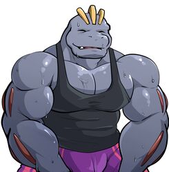  absurd_res bodily_fluids clothed clothing generation_1_pokemon hi_res machoke maldu male nintendo pokemon pokemon_(species) shirt simple_background solo sweat tank_top topwear white_background 