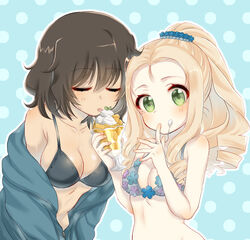  2girls alternate_hairstyle andou_(girls_und_panzer) bad_id bad_pixiv_id bikini black_bikini black_hair blonde_hair blue_background blue_bikini blue_jacket blue_scrunchie blush breasts cleavage commentary dark-skinned_female dark_skin drill_hair floral_print food food_on_face girls_und_panzer green_eyes hair_ornament hair_scrunchie hair_up holding holding_food jacket kumasawa_(dkdkr) leaning_forward licking licking_finger long_hair looking_at_viewer marie_(girls_und_panzer) medium_breasts medium_hair messy_hair multiple_girls navel off_shoulder parfait polka_dot polka_dot_background scrunchie standing swimsuit unzipped 