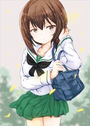  alternate_costume bag black_neckerchief blouse blurry blurry_background blurry_foreground brown_eyes brown_hair carrying closed_mouth commentary cowboy_shot day depth_of_field female girls_und_panzer green_skirt hand_in_own_hair light_frown long_sleeves looking_at_viewer miniskirt neckerchief nishizumi_maho ooarai_school_uniform outdoors petals pleated_skirt school_bag school_uniform serafuku shibagami shirt short_hair skirt solo white_shirt wind 