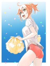  :d ahoge alternate_costume blue_background buruma commentary_request cowboy_shot fate/grand_order fate_(series) female fujimaru_ritsuka_(female) hair_between_eyes hair_ornament hair_scrunchie long_hair open_mouth orange_hair pom_pom_(cheerleading) ponytail red_buruma sakamoto_bin scrunchie shirt short_sleeves smile solo standing white_background white_shirt yellow_eyes yellow_scrunchie 