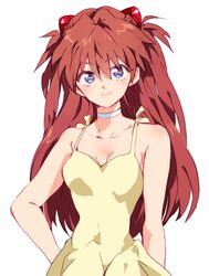  blue_eyes breasts brown_hair chokota cleavage closed_mouth commentary_request dress female hair_ornament long_hair looking_at_viewer neon_genesis_evangelion simple_background smile solo souryuu_asuka_langley white_background yellow_dress 