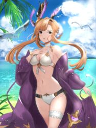  aqua_(popogori) bad_id bad_pixiv_id bikini bird blonde_hair blue_sky breasts brown_eyes cleavage cloud day female floating_hair granblue_fantasy long_hair looking_at_viewer navel official_alternate_costume outdoors sky solo standing swimsuit tweyen_(eternal&#039;s_summer_vacation)_(granblue_fantasy) tweyen_(granblue_fantasy) white_bikini 