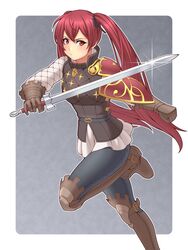  black_ribbon boots brown_footwear brown_gloves commentary_request female fire_emblem fire_emblem_fates gambeson gloves hair_ribbon holding holding_sword holding_weapon ibushi_(oath) knee_boots looking_at_viewer pantyhose red_eyes red_hair ribbon selena_(fire_emblem_fates) skirt solo sword twintails weapon 