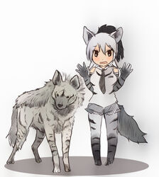  2019 3_toes 5_fingers aardwolf aardwolf_(kemono_friends) aardwolf_humanoid ambiguous_gender animal_humanoid animal_print armwear bare_shoulders beady_eyes big_breasts biped black_eyes black_nose black_stripes blush bottomwear breasts brown_eyes clothed clothing cutoffs daisy_dukes denim denim_bottomwear denim_clothing duo elbow_gloves feet female feral fingers fluffy footwear frown fully_clothed fur gloves grey_body grey_bottomwear grey_clothing grey_fur grey_skirt grey_tail hair handwear hi_res hotpants humanoid hyena hyena_humanoid iceeye_ena japanese kemono_friends larger_female larger_humanoid legwear light_body light_skin looking_at_viewer mammal mammal_humanoid minishorts necktie open_frown open_mouth pattern_clothing ponytail quadruped scared shadow shirt shoes shorts simple_background size_difference skirt smaller_ambiguous smaller_feral snout striped_body striped_clothing striped_fur striped_hyena stripes tail tan_body tan_skin toes topwear white_background white_clothing white_shirt white_topwear worried 