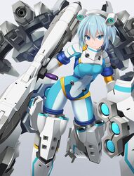  alice_gear_aegis blue_eyes blue_hair bodysuit breasts closed_mouth commentary_request female hair_between_eyes headgear highres holding holding_weapon looking_at_viewer mecha_musume nina_kalinina simple_background solo weapon zb_(dawn-blue) 