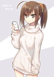  ahoge alternate_costume angel_beats! brown_eyes brown_hair cellphone copyright_name cowboy_shot dress female hair_ornament hisako_(angel_beats!) long_hair looking_at_viewer nakamura_hinato phone ponytail ribbed_sweater smartphone solo standing sweater sweater_dress turtleneck turtleneck_sweater two-tone_background white_sweater 