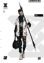  1boy absurdres bag barcode barcode_tattoo black_hair black_pants black_shirt closed_mouth clothes_writing commentary_request dark-skinned_male dark_skin full_body head_tilt heterochromia highres holding holding_bag holding_polearm holding_weapon jacket long_sleeves looking_away looking_to_the_side male_focus open_clothes open_jacket orange_eyes original pants polearm print_shirt sanshouuo shirt shoes sleeves_past_wrists solo spear standing standing_on_one_leg tattoo weapon white_footwear white_jacket yellow_eyes 