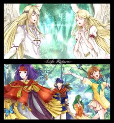  aplche armor bare_shoulders blonde_hair blue_eyes blue_hair blush brown_eyes brown_hair cape closed_mouth commentary_request dress elincia_ridell_crimea fingerless_gloves fire_emblem fire_emblem:_path_of_radiance forest gloves green_eyes green_hair hair_between_eyes hair_ornament hair_tubes headband highres ike_(fire_emblem) jewelry long_hair mist_(fire_emblem) multiple_girls nature open_mouth purple_hair robe sanaki_kirsch_altina scarf short_hair simple_background skirt smile staff wings yellow_eyes 