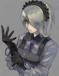  apron black_apron black_gloves blonde_hair blue_necktie commentary_request danganronpa_(series) danganronpa_v3:_killing_harmony dress eyes_visible_through_hair female gloves green_eyes grey_background hair_over_one_eye highres long_sleeves looking_at_viewer mai_yukari maid_headdress necktie o-ring pinafore_dress short_hair simple_background sleeveless sleeveless_dress solo tojo_kirumi upper_body white_dress 