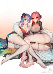  2girls ahoge artist_name ass azur_lane bad_id bad_pixiv_id bare_shoulders black_dress black_panties blue_hair blush braid breasts china_dress chinese_clothes cleavage closed_mouth collarbone commission dress earrings feet flower hair_between_eyes hair_bun hair_flower hair_ornament japanese_clothes jewelry kimono large_breasts legs long_hair looking_at_viewer lying monarch_(azur_lane) monarch_(black_gerard)_(azur_lane) multiple_girls no_shoes off_shoulder official_alternate_costume on_side panties purple_eyes red_eyes red_hair red_kimono sidelocks signature single_hair_bun smile soles st._louis_(azur_lane) st._louis_(spirits_in_the_snow)_(azur_lane) suerte thigh_strap thighhighs toes underwear watermark white_panties white_thighhighs 