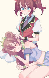  2girls :3 aqua_eyes blush brown_hair brown_necktie bug butterfly closed_mouth collared_shirt commentary_request cream_(nipakupa) crop_top cropped_shirt crown dress_shirt hair_horns konoe_haruka konoe_kanata lap_pillow lone_nape_hair long_hair looking_at_another love_live! love_live!_nijigasaki_high_school_idol_club love_live!_school_idol_festival lying midriff multiple_girls navel necktie official_alternate_costume on_side pantyhose purple_shirt purple_shorts red_vest shirt short_hair short_shorts shorts siblings sidelocks sisters sleeping sleeveless sleeveless_shirt smile split_mouth twintails vest white_pantyhose white_shirt 