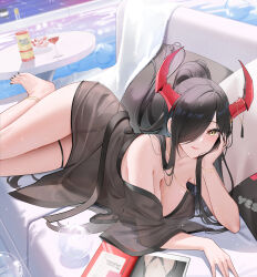  azur_lane black_hair black_nails breasts cleavage closed_mouth commentary_request couch cup demon_girl demon_horns drinking_glass female fingernails friedrich_der_grosse_(azur_lane) friedrich_der_grosse_(one_summer_night&#039;s_intimacy)_(azur_lane) glass_bottle hair_over_one_eye halterneck highres horns large_breasts long_hair looking_at_viewer lying magazine_(object) nail_polish official_alternate_costume official_alternate_hairstyle on_couch on_stomach ponytail qing_wu red_horns round_table smile solo swimsuit swimsuit_under_clothes table thighs toenail_polish toenails very_long_hair yellow_eyes 