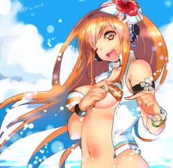  bead_bracelet beads beatmania_iidx bikini blue_sky bracelet collarbone female headphones inpr jacket jewelry long_hair looking_at_viewer navel one_eye_closed open_mouth orange_eyes orange_hair presenting_tanlines sky sleeveless sleeveless_jacket solo striped_bikini striped_clothes swimsuit tan tanlines umegiri_iroha very_long_hair white_jacket 