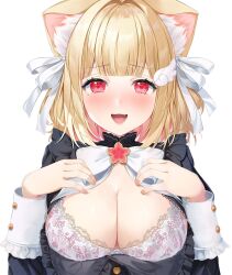  animal_ear_fluff animal_ears black_dress blonde_hair blush bow bowtie bra breasts cat_ears cat_girl cleavage commentary_request dress female fingernails hair_intakes hair_ribbon hazuki_yuzuru heart heart-shaped_pupils highres kemomimi_refle! lace-trimmed_bra lace_trim large_breasts long_sleeves looking_at_viewer mole mole_under_eye nekoma_karin nose_blush oerba_yun_fang open_mouth red_eyes ribbon short_hair simple_background smile solo symbol-shaped_pupils teeth underwear virtual_youtuber white_background white_bow white_bowtie white_bra white_ribbon wing_hair_ornament 