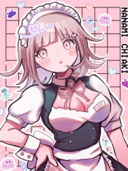  :o alternate_costume apron black_dress blunt_bangs blush brown_hair character_name danganronpa_(series) danganronpa_2:_goodbye_despair dress enmaided female galaga hair_ornament hand_on_own_hip heart ikemen&#039;na_ore-shi maid maid_headdress medium_hair nanami_chiaki notice_lines outline pink_background waist_apron white_outline 