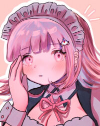  blush breasts brown_background danganronpa_(series) danganronpa_2:_goodbye_despair female flipped_hair galaga hair_ornament hand_up ikemen&#039;na_ore-shi large_breasts maid_headdress medium_hair nanami_chiaki neck_ribbon notice_lines outline pink_eyes pink_hair pink_ribbon ribbon solo white_outline wrist_cuffs 