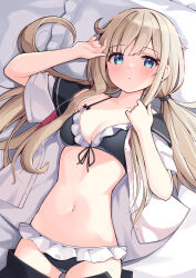  :o arm_up bed_sheet bikini bikini_under_clothes black_bikini black_sailor_collar black_skirt blue_eyes blush breasts brown_hair cleavage clothes_pull collarbone commentary_request female frilled_bikini frilled_pillow frills front-tie_bikini_top front-tie_top hair_between_eyes hand_up highres long_hair looking_at_viewer low_twintails medium_breasts ominaeshi_(takenoko) open_clothes open_shirt open_skirt original parted_lips pillow sailor_collar school_uniform serafuku shirt skirt skirt_pull solo swimsuit twintails very_long_hair white_shirt 