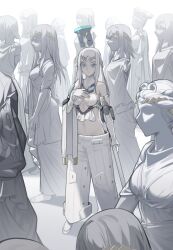  bare_shoulders bikini blue_eyes breasts chisel commentary_request elbow_gloves expressionless fate/grand_order fate_(series) female full_body galatea_(fate) gloves hand_on_own_chest highres holding holding_polearm holding_weapon joints long_hair looking_at_viewer navel newflame pants parted_bangs partial_commentary polearm robot_joints shadow sidelighting sidelocks solo standing statue stomach swimsuit tiara weapon white_bikini white_gloves white_hair white_pants 