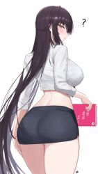  ? absurdres black_hair black_skirt breasts brown_eyes buff_bard cropped_shirt english_commentary female goddess_of_victory:_nikke highres holding holding_notebook large_breasts long_hair long_sleeves looking_at_viewer looking_back marciana_(nikke) marciana_(school_days)_(nikke) notebook official_alternate_costume panties shirt skirt sleeves_rolled_up solo standing underwear very_long_hair white_panties white_shirt 