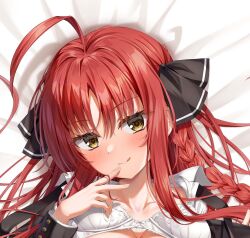  :q ahoge bed_sheet black_jacket black_ribbon blush bra bra_lift braid close-up closed_mouth commentary_request dakimakura_(medium) dracu-riot! eyelashes eyes_visible_through_hair female fingernails hair_between_eyes hair_ribbon hair_spread_out hand_up head_tilt highres huge_ahoge jacket kuria_(clear_trip_second) licking_lips long_hair long_sleeves looking_at_viewer open_clothes open_jacket out-of-frame_censoring parted_bangs red_hair ribbon seductive_smile sidelocks single_braid smile solo tongue tongue_out tsurime underwear v white_bra yarai_miu yellow_eyes 