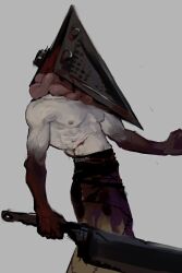  1boy bleeding blood cuts english_commentary great_knife grey_background highres injury male_focus nipples object_head pyramid_head rouwan silent_hill_(series) simple_background skirt solo toned toned_male 