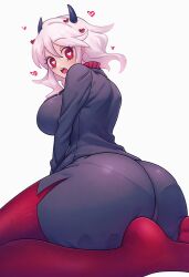  ass ass_focus black_horns blush breasts demon_girl demon_horns from_behind heart heart-shaped_pupils helltaker highres holding_hands_is_lewd horns huge_ass kneeling looking_at_viewer looking_back medium_breasts modeus_(helltaker) nsfw_maromi open_mouth pantyhose red_pantyhose simple_background suit symbol-shaped_pupils thighs white_background white_hair 