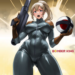  :o ass_visible_through_thighs blonde_hair blue_bodysuit bodysuit bomber_king brown_gloves copyright_name cowboy_shot female gloves gun hair_between_eyes highres holding holding_gun holding_weapon hudson long_hair looking_at_viewer minamoto80486 opencanvas_(medium) ponytail shoulder_pads skin_tight solo weapon 