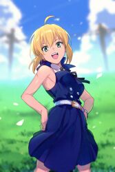  ahoge artoria_pendragon_(fate) bare_shoulders belt blonde_hair blue_dress blue_ribbon blue_sky blurry blurry_background braid breasts dress echo_(circa) fate/grand_order fate/stay_night fate_(series) female green_eyes hair_bun looking_at_viewer medium_breasts medium_hair ribbon saber_(fate) sidelocks sky smile solo 