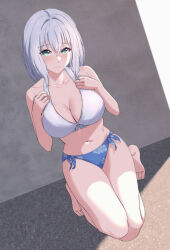  absurdres aqua_eyes bang_dream! bare_arms bare_legs bare_shoulders barefoot bikini blue_bikini blurry blurry_background blush breasts cleavage closed_mouth collarbone day dutch_angle female floral_print frilled_bikini frills full_body grey_hair hair_between_eyes halterneck hands_on_own_chest hands_up highres kneeling kurata_mashiro large_breasts looking_at_viewer medium_hair mismatched_bikini navel outdoors print_bikini ptal raised_eyebrows side-tie_bikini_bottom solo stomach swimsuit tiptoes wavy_mouth white_bikini 