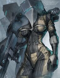  3girls armor bodysuit breasts commentary corpus_(warframe) covered_nipples cowboy_shot energy_gun english_commentary gloves gun helmet highres holding holding_gun holding_weapon juerucj large_breasts multiple_girls plasma_rifle primary_weapon_(warframe) rifle science_fiction skindentation warframe weapon 