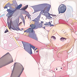  1boy :d ahoge akamatsu_kaede animal animal_ears balloon black_bow black_bowtie black_hair black_hat black_socks blonde_hair blush bow bowtie breasts buttons canine commentary_request danganronpa_(series) danganronpa_v3:_killing_harmony dress_shirt eyelashes fake_animal_ears female flower_(symbol) hair_between_eyes hair_ornament hairband hat highres holding holding_staff kneehighs large_breasts long_hair long_sleeves miniskirt musical_note musical_note_hair_ornament my_sweet_piano official_alternate_costume open_mouth outline pink_bow pink_bowtie pink_eyes pink_hat pleated_skirt pochacco saihara_shuichi sanrio sheep shirt short_hair skirt smile socks staff to_ma_(ye_e00) top_hat white_outline white_shirt white_skirt yellow_eyes 