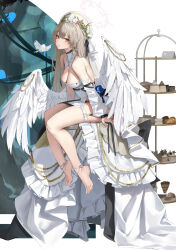  absurdres alternate_costume bare_shoulders barefoot bird blue_archive braid breasts brown_eyes brown_hair cake_stand cleavage crown_braid detached_sleeves dress feathered_wings female flower hair_flower hair_ornament halo hat highres large_breasts leviathan_(hikinito0902) low_wings nagisa_(blue_archive) puffy_sleeves sitting solo strapless strapless_dress thighs toes white_bird white_dress white_halo white_hat white_wings wings 