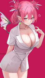  arm_behind_back artist_name blush breasts cleavage closed_mouth collarbone cowboy_shot demon_wings double-parted_bangs double_bun earrings female fingernails hair_between_eyes hair_bun hair_ornament heart heart-shaped_pupils highres ironatsuki jewelry large_breasts looking_at_viewer nail_polish no_pants nurse original pointy_ears red_background red_eyes red_hair red_nails shirt short_sleeves simple_background smile solo symbol-shaped_pupils thighs white_shirt wings 